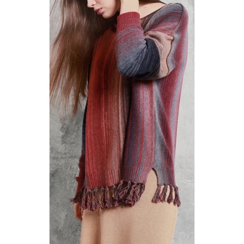 Maude Vivante Andrea Sweater Natural Multicolor Cable Knit Fringe Trim Women's M - Picture 2 of 9